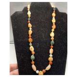 VINTAGE BEGGAR BEADED GENUINE AGATE, QUARTZ, AVENTURINE & MORE STONE NECKLACE 21" LONG