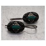 PAIR STERLING SILVER 925 PIERCED EARRINGS W/ MARCASITE & TURQUOISE (TOTAL WEIGHT APPROX 3.97 GRAMS)