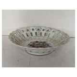 VINTAGE RETICULATED CERAMIC DECORATIVE BOWL W/ ROSE FLORAL CENTER MADE IN JAPAN 8" ROUND