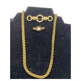 MONET GOLD TONE BAR PIN, GOLDTONE FILIGREE BAR PIN W/ FAUX PEARL & NAPIER GOLD TONE NECKLACE 16" LONG