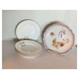 VINTAGE GERMAN HAND PAINTED PORCELAIN PLATE W/ STAND 8" ROUND & 5 VINTAGE ROYAL TARA BREAD/BUTTER PLATES MADE IN IRELAND