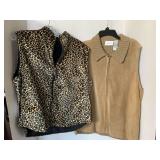 LEOPARD PATTERN FLEECE ZIP FRONT VEST SIZE M/L & LIZ CLAIBORNE CAMEL COLOR SUEDE/LEATHER FRONT VEST SIZE LARGE