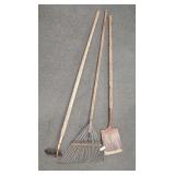 Three Vintage, Long-Handled Garden Tools with Weathered Wooden Handles. Hoe, Leaf Rake, Square Point Shovel.