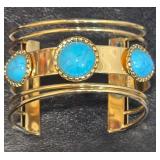 Vintage, Adjustable, BOHO Chunky, Gold Tone & Turquoise Cuff Bracelet