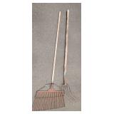 Vintage Metal Bbow Rake with a Long Wooden Handle and a Curved-Tine Pitchfork or Manure Fork with Wooden Handle.