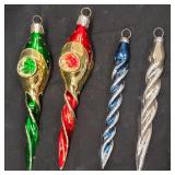 Vintage Mid-Century Blown Glass Christmas Ornaments - 4pc Collection (Reflector Indents & Spire Icicles)