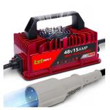 48Volt 15Amp Golf Cart Charger for Club Car DS/Precedent with Upgraded 3-Pin Round Plug &16Ft Cable, IP67 Waterproof Smart Trickle Battery Charger for 48V Lead-Acid Batteries (First Photo Stock Photo)