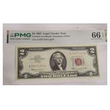 1963 PMG 66EPQ Gem Uncirculated U.S.Red Seal Two Dollar Bill.