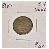 1865 U.S. Three Cent Nickel, (Very First Year of Issue).