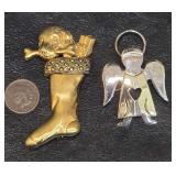 Vintage Darlene Two-Tone Matte Gold-Finish Christmas Stocking Brooch, and a Vintage Two-Tone Angel Brooch
