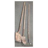 Three Vintage Yard and Garden Tools with Weathered Wooden Handles. Square Point Shovel, Round Point Shovel, & Garden Rake