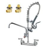Commercial Sink Faucet with Sprayer 8 Inch Center Wall Mount Kitchen Sink Faucet with 10" Add-on Swing Spout 25" Height Faucet with Down Pre-Rinse Sprayer (First Picture Stock Photo)