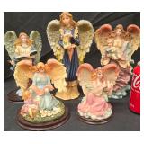 Collection Of 5 Vintage Painted Resin And Chalkware Angel And Cherub Figurines On Wooden Bases.