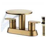 Brushed Gold Bathroom Sink Faucet 3 Hole
Waterfall Bathroom Faucet 4 Inch Centerset with Pop-Up Drain，2 Handle Stainless Steel Faucets for Bathroom Sink Vanity ((First Photo Stock)