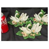 Set of 3 Vintage Italian Capodimonte Porcelain Twin Swan Figurines with Candle Holders. Very Delicate and Fragile. Matches Lot 173 and 175