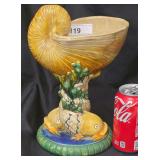 Vintage Hand Painted Majolican-Style Ceramic Nautilus Shell Compote Centerpiece Vase