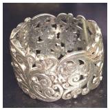 Brighton "Madrid Lace" Wide Hinged Bangle Bracelet, with an Ornate Silver-Tone Filigree Scrollwork Pattern with a Hammered Finish