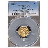 2026 Niue $1 Pirate Steering 1-Gram 9KT Gold Coin graded PCGS MS70