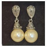 Vintage Sterling Silver Marcasite and Pearl Dangle Earrings