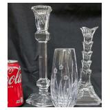 Vintage Val St. Lambert Gardenia Crystal Candlestick, One Crystal Clear Vintage Lead Crystal Candlestick Holder, and a Vintage Mikasa Daisy Meadow Cut Crystal Bud Vase