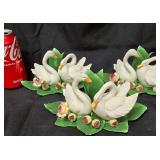 Set of 3 Vintage Italian Capodimonte Porcelain Twin Swan Figurines with Candle Holders. Very Delicate and Fragile.Matches Lot 175 and 177