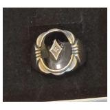 ​Vintage 925 Sterling Silver Black Onyx Cabochon Diamond Inlay Signet Ring Size 8.  6.6g