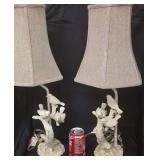 Pair of Vintage, Rustic,  Accent Table Lamps Featuring a Sculpted Tree-Branch Base with 3 Perched Little Birds and Beige Fabric Bell Shades.