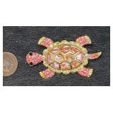 Gold Tone Pink Crystal and Rhinestone Sea Turtle Brooch