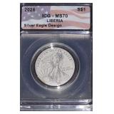 2026 ICG MS70 Liberia- American Silver Eagle  3.1g  .999%Ag