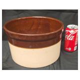 Vintage RRP Co Roseville Ohio 2 Tone Brown Cream Stoneware Crock Bowl 1950s in Flawless Condition. Bottom Stamped. 6" high x 9.75" diameter.