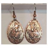 Teardrop-Shaped Copper Dangle Earrings Featuring an Etched or Stamped Butterfly and Flower Design