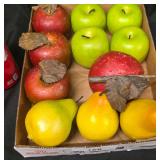 Assortment of Vintage Artificial Decorative Fruits, Including Faux Green and Red Apples and Pears with Water Drops.