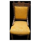 Late 19th-Century Eastlake Revival / Aesthetic Movement Side Chair (circa 1870s–1890s, Victorian era). Chair is in Beautiful Condition With Golden Damask Upholstery. Matches Lot 102