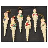 Set of 6 Vintage Set of Carved Resin Snowman Icicle-Shaped Christmas Ornaments