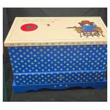 Vintage Hand-Painted Wooden Sewing or Craft Box with a Blue and Yellow Daisy Print, and a Small Lower Drawer