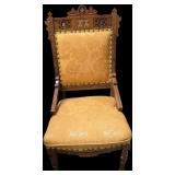 Late 19th-Century Eastlake Revival / Aesthetic Movement Side Chair (circa 1870s–1890s, Victorian era). Chair is in Beautiful Condition With Golden Damask Upholstery. Matches Lot 103