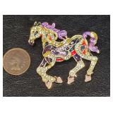 Vintage Style Rhinestone and Enameled Horse Brooch