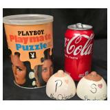 Vintage 1960s Playboy Playmate Jigsaw Puzzle Cylindrical Canister with a Pair of Novelty Boob-Shaped Ceramic Salt and Pepper Shakers from Bourbon St., New Orleans.