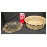 Handmade Studio Pottery Pie Plate with a Fluted, Ruffled Edge and a Tan or Beige Speckled Glaze, and a Vintage 1930s Cambridge Glass Apple Blossom Salad Plate