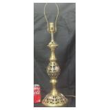 Vintage Brass & Champleve Enamel Openwork Table Lamp with Harp. Boho Hollywood Regency