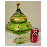 Stunning Vintage Bohemian/Czech  Emerald Green Glass Lidded Jar/Urn with Heavy Gold Gilding. Intricate Scrollwork, Applied Red Glass Cabochons, and Raised Hand-Painted Floral Enamel Motifs.