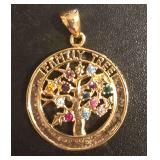 "Family Tree of Life" Gold Tone Pendant with Multiple Colored Crystals