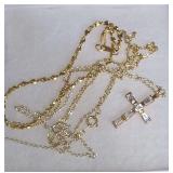 Vintage 7" Gold Tone Petal Mirror Bracelet and a 16" Vintage Delicate Gold Tone Necklace, and a Fashion Jewelry Gold Tone Necklace with Cross Pendant with Clear Stones.
