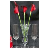 Beautiful Carved Crystal Pedestal Vase and Set of 2 Crystal Champagne Flutes. Flowers not Included.