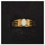 Vintage 1970s Genuine Opal & Austrian Crystal Ring - 18K  HGE Tri-Split Band