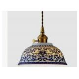 New in Box- Vintage Style Blue and White Porcelain Kitchen Island Pendant Light. 7.1" Oriental Floral Shade. Stock Photos.