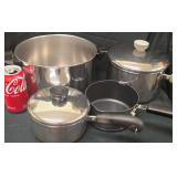 Collection of Vintage Revere Ware Stainless Steel Cookware with Copper Bottoms; Including Large Stockpot / Dutch Oven, Covered 2 Qt. Stainless Steel Saucepan, Covered 1.5Qt  Stainless Steel Saucepan  