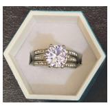 Multi-Band Sterling Silver Solitaire Ring with a Large Round-Cut Center CZ Stone Set in a Multi-Row Pave Band