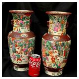Pair of Antique Chinese Nanking (Nanjing) Crackle-Glaze Porcelain Baluster Vases Decorated with Hand-Painted Polychrome Warrior and Warrior Scenes. Late 19th Century (1890s). No Chips or Cracks.