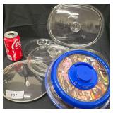 Collection of 5 Various Clear Glass Pot Lids and a Blue Plastic Vacuum-Sealed PressDome Food Sealer Lid..